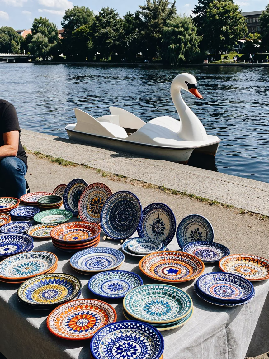 Colorful Vintage Berlin Street Scene with Majolica Plates and Swans at Midday in in Berlin, Germany