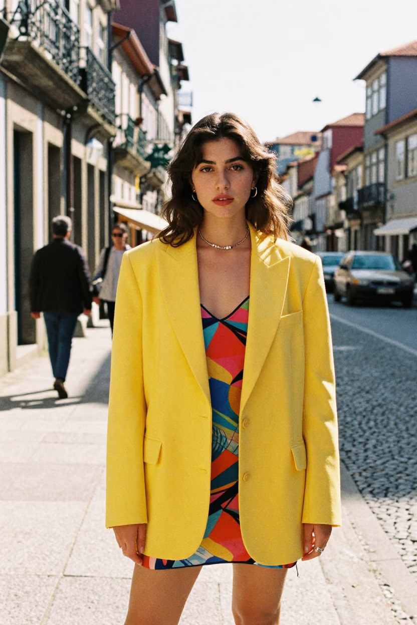 Colorful Vintage Fashion Portrait in Porto Portugal Late Morning Street Scene in in Porto, Portugal