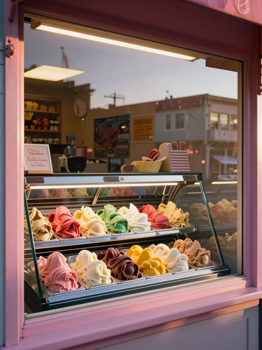 Colorful Vintage Gelato Display in San Francisco Shop Window at Sunrise in in San Francisco, California, United States