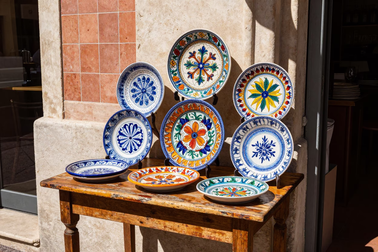 Colorful Vintage Italian Majolica Plate Displayed at Outdoor Cafe in Marseille France Midday in in Marseille, France