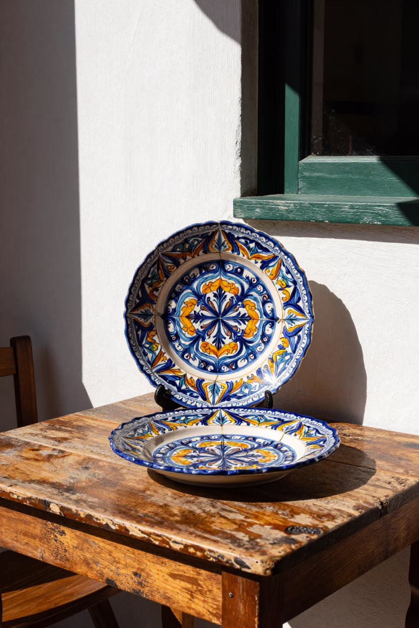 Colorful Vintage Majolica Plate and Ceramic Dish in Bright Lisbon Morning Light in in Lisbon, Portugal