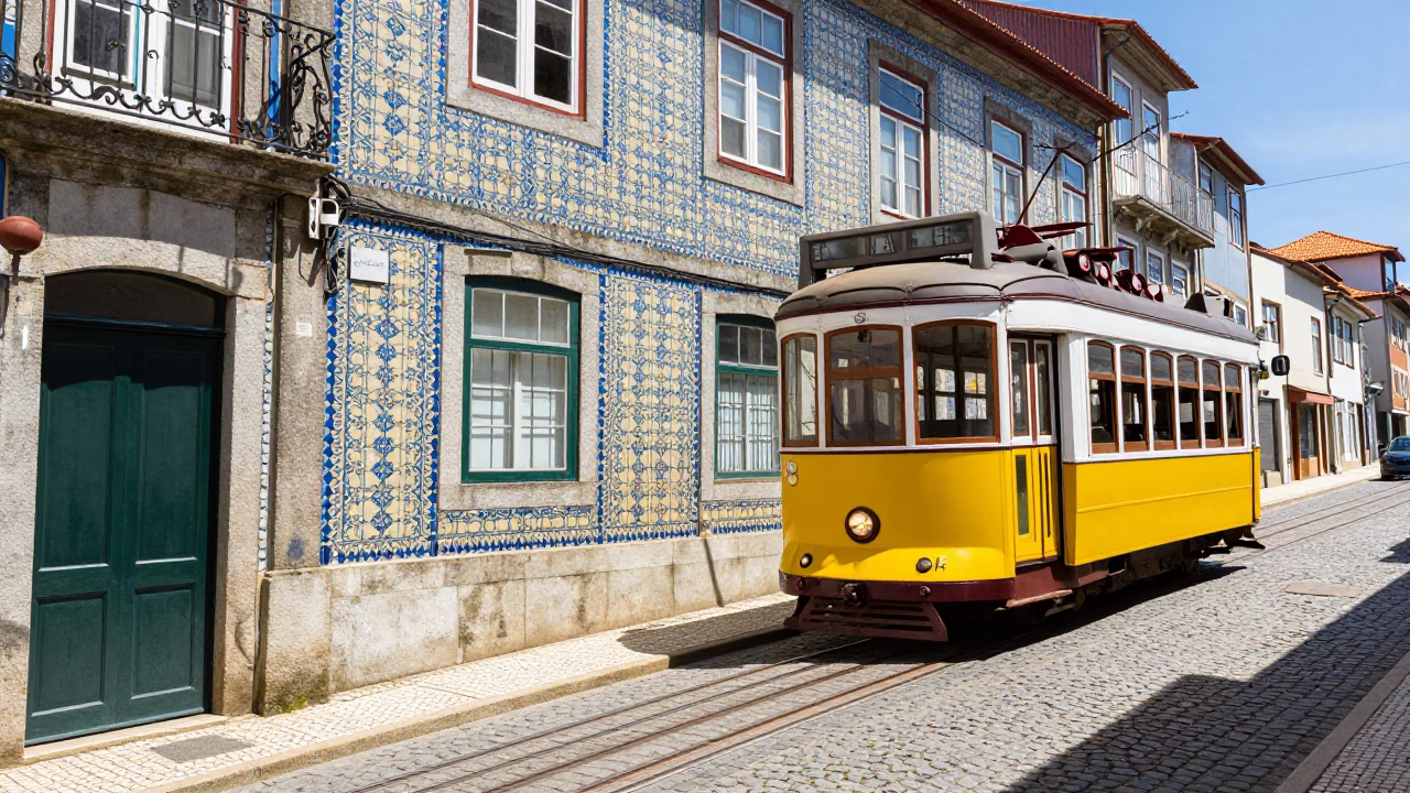 Colorful Vintage Street Scene in Porto Portugal with Tram and Traditional Architecture in in Porto, Portugal