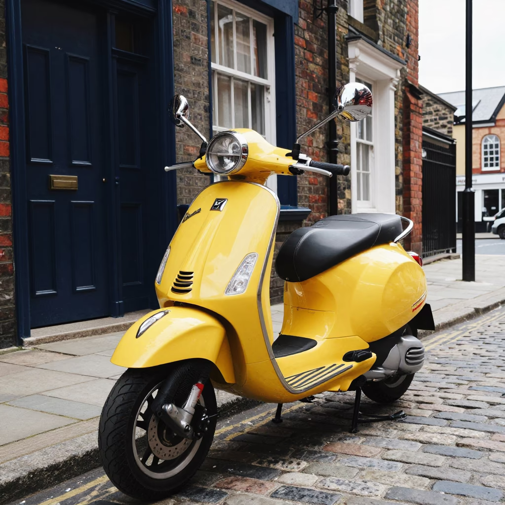 Colorful Vintage Vespa Parked on Cobblestone Lane in Liverpool United Kingdom at Noon in in Liverpool, United Kingdom