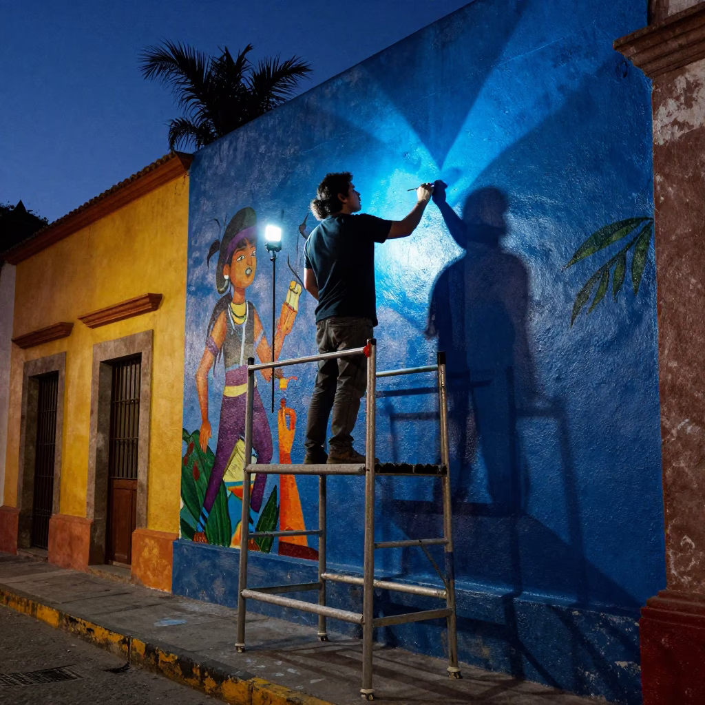 Colorful Wall in Guadalajara at The Predawn Darkness Light in in Guadalajara, Mexico