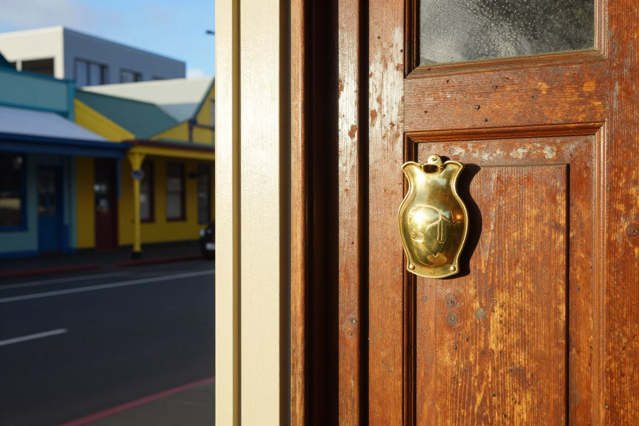 Colorful Wellington New Zealand Street Scene with Brass Escutcheon and Local Details in in Wellington, New Zealand