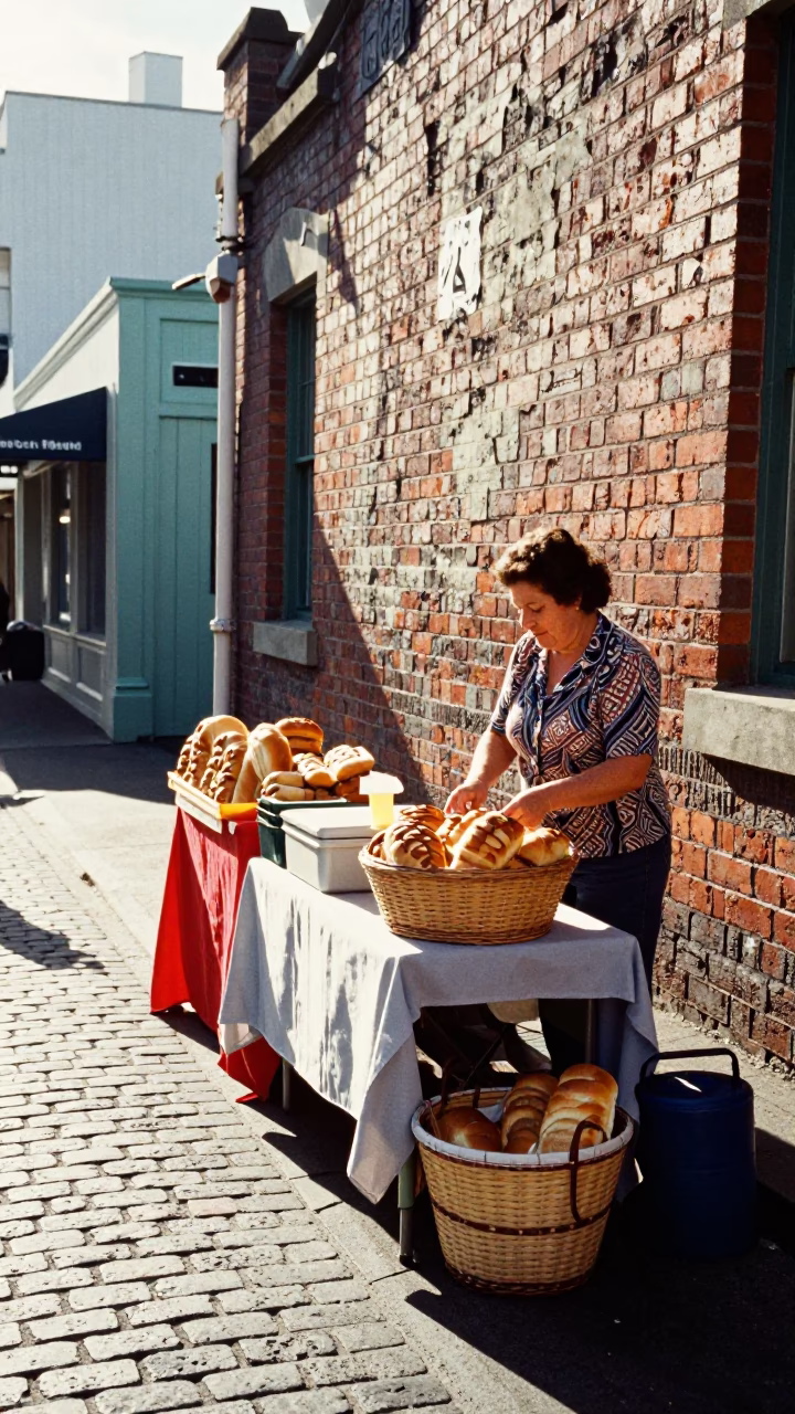 Colorful Wellington Street Scene Late Morning with Woven Bread Basket and Teapot in in Wellington, New Zealand