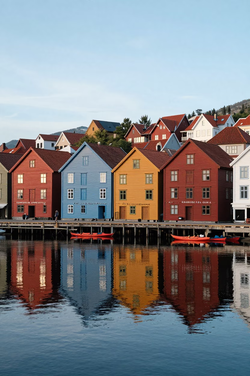 Colorful Wharf Houses and Red Kayaks in Bergen Norway Late Morning Light in in Bergen, Norway