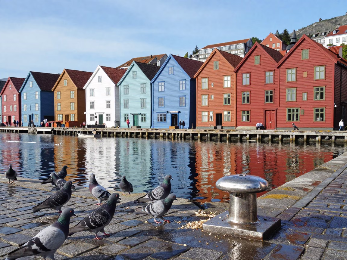 Colorful Wharf Scene with Pigeons and Steel Reflections in Bergen in in Bergen, Norway