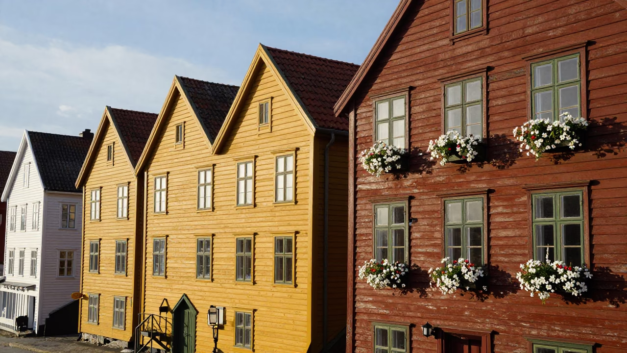 Colorful Window Boxes on Historic Bryghan Wharf in Bergen Norway Late Afternoon in in Bergen, Norway