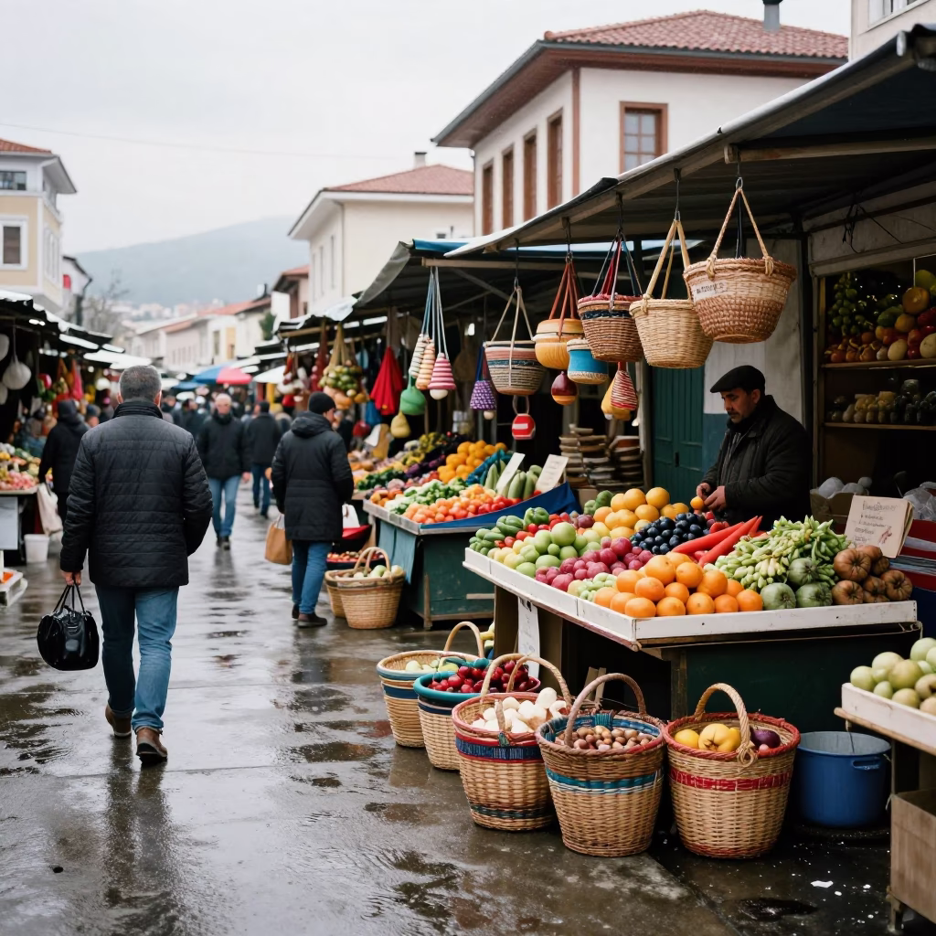 Colorful Winter Street Market Scene in Izmir Turkey with Woven Baskets in in Izmir, Turkey