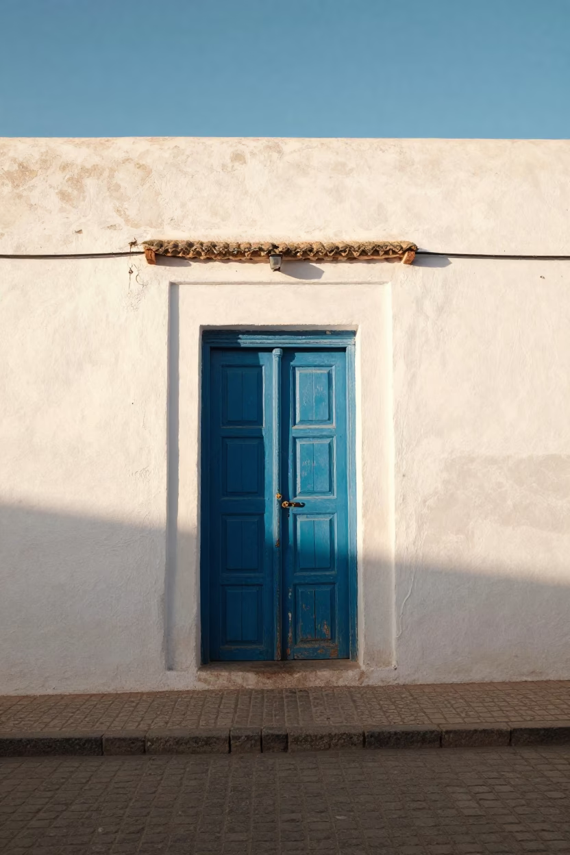 Colorful Wooden Doorway and Cobblestone Street in Late Afternoon Light in Essaouira Morocco in in Essaouira, Morocco