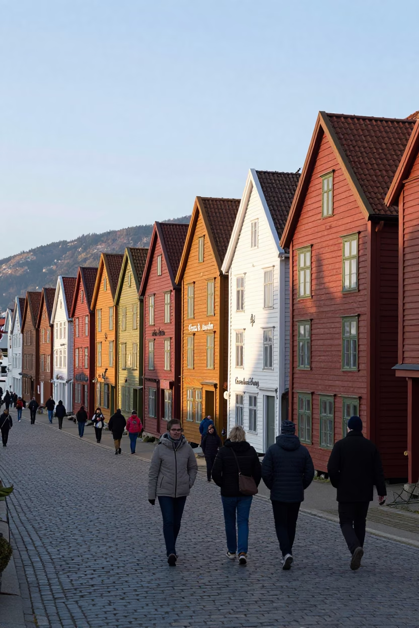 Colorful Wooden Houses Along Bryggen Wharf in Bergen Norway Late Morning in in Bergen, Norway