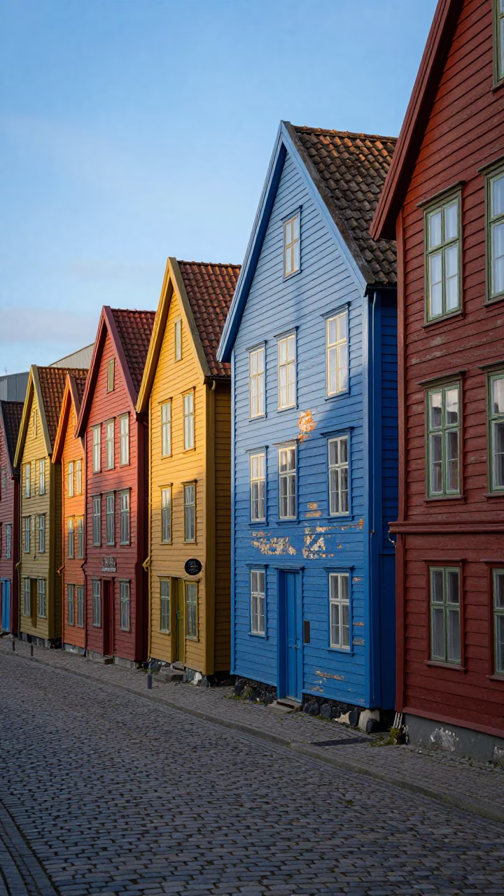 Colorful wooden houses in Bryggen Bergen Norway late afternoon sunlight in in Bergen, Norway