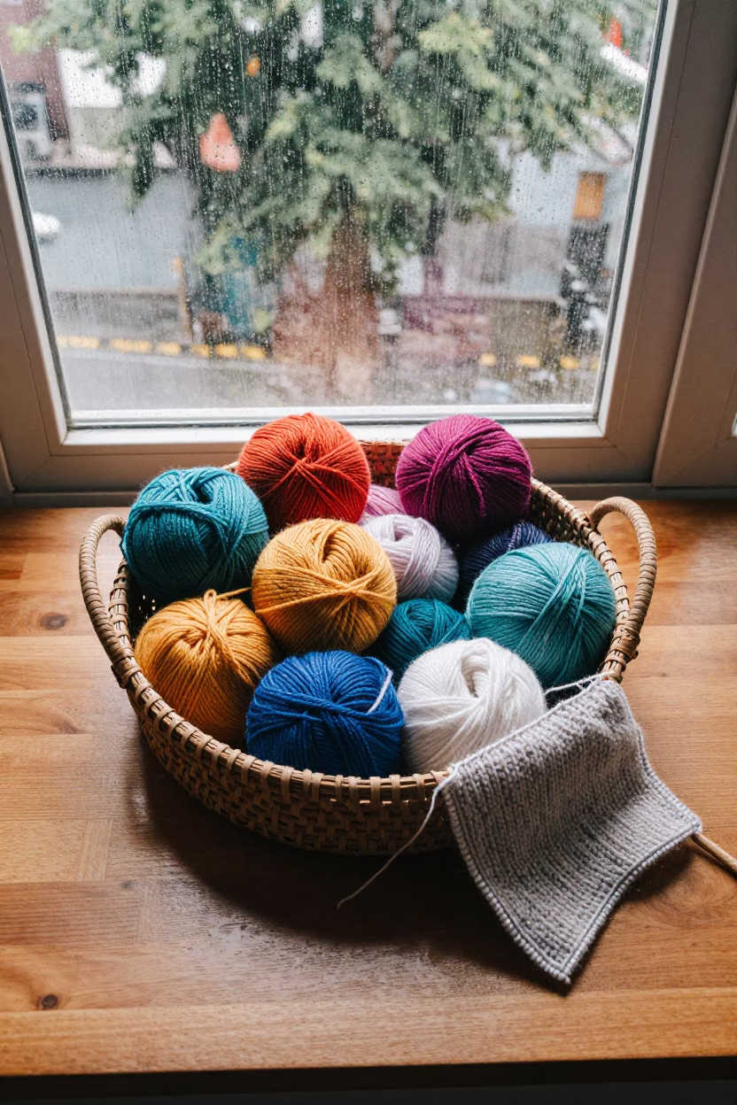 Colorful Yarn Basket Beside Knitting Project Delhi in beside a rain-streaked window in Delhi