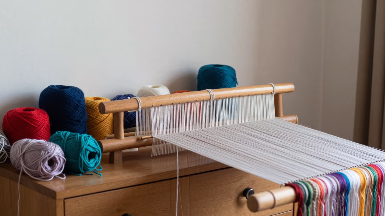 Colorful Yarn and Loom on Hotel Dresser in on a hotel dresser in Al Ain