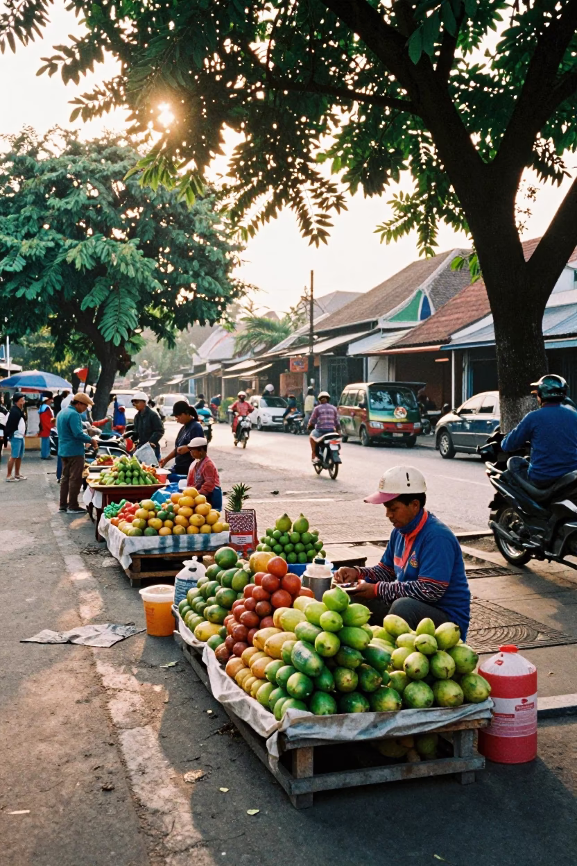 Colorful Yogyakarta Street Scene Early Afternoon with Local Vendor and Traditional Elements in in Yogyakarta, Indonesia