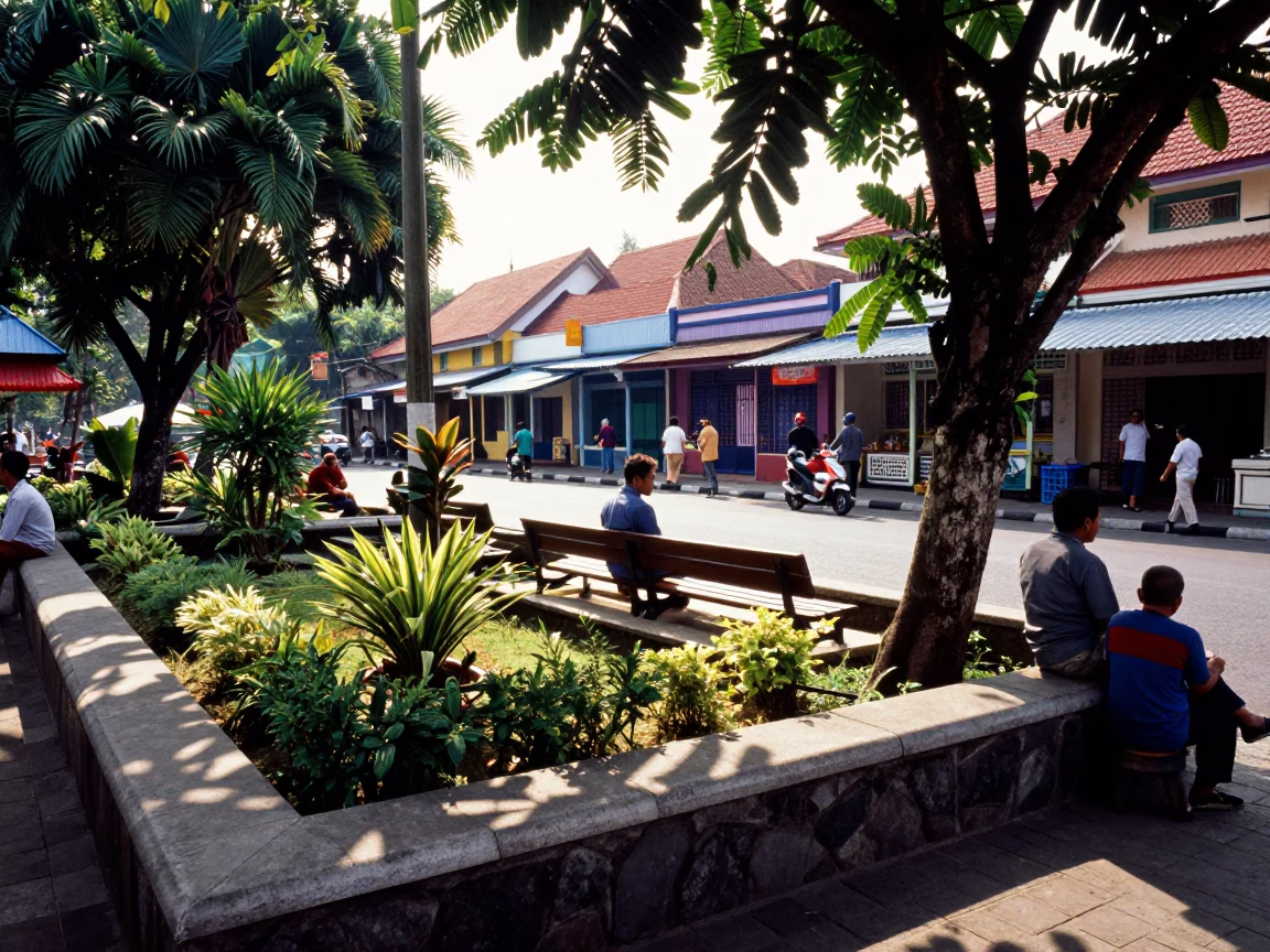 Colorful Yogyakarta Street Scene with Garden Benches and Local Dining in in Yogyakarta, Indonesia