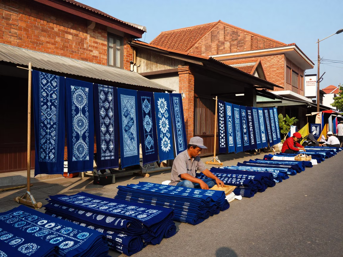 Colorful Yogyakarta Street Scene with Indigo Fabric and Traditional Basket in Late Afternoon Light in in Yogyakarta, Indonesia