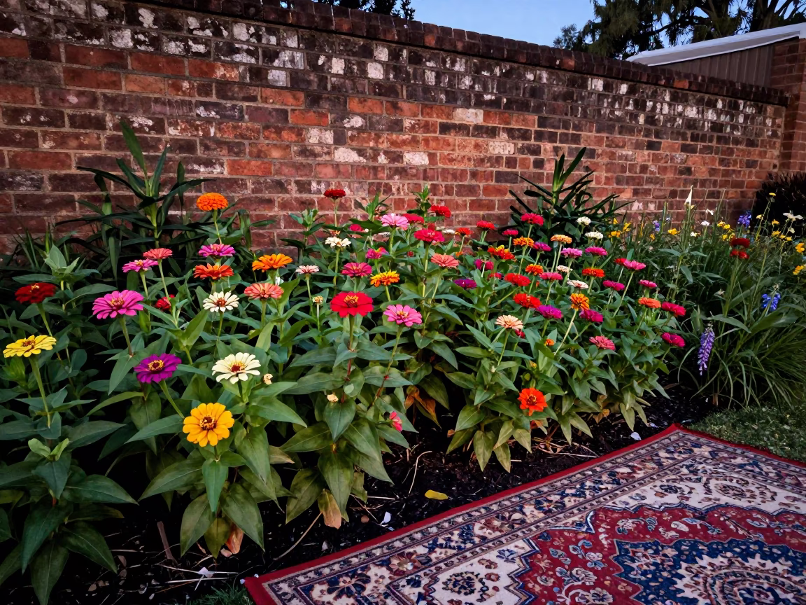 Colorful Zinnia Garden and Patterned Rug in Adelaide South Australia Early Evening in in Adelaide, South Australia, Australia