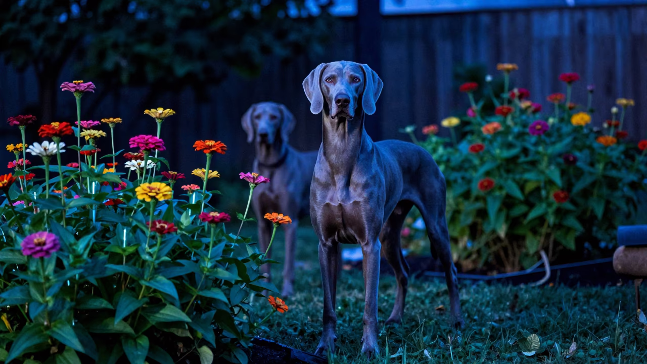 Colorful Zinnia Garden and Weimaraner in Nashville Tennessee Evening Blue Light in in Nashville, Tennessee, United States