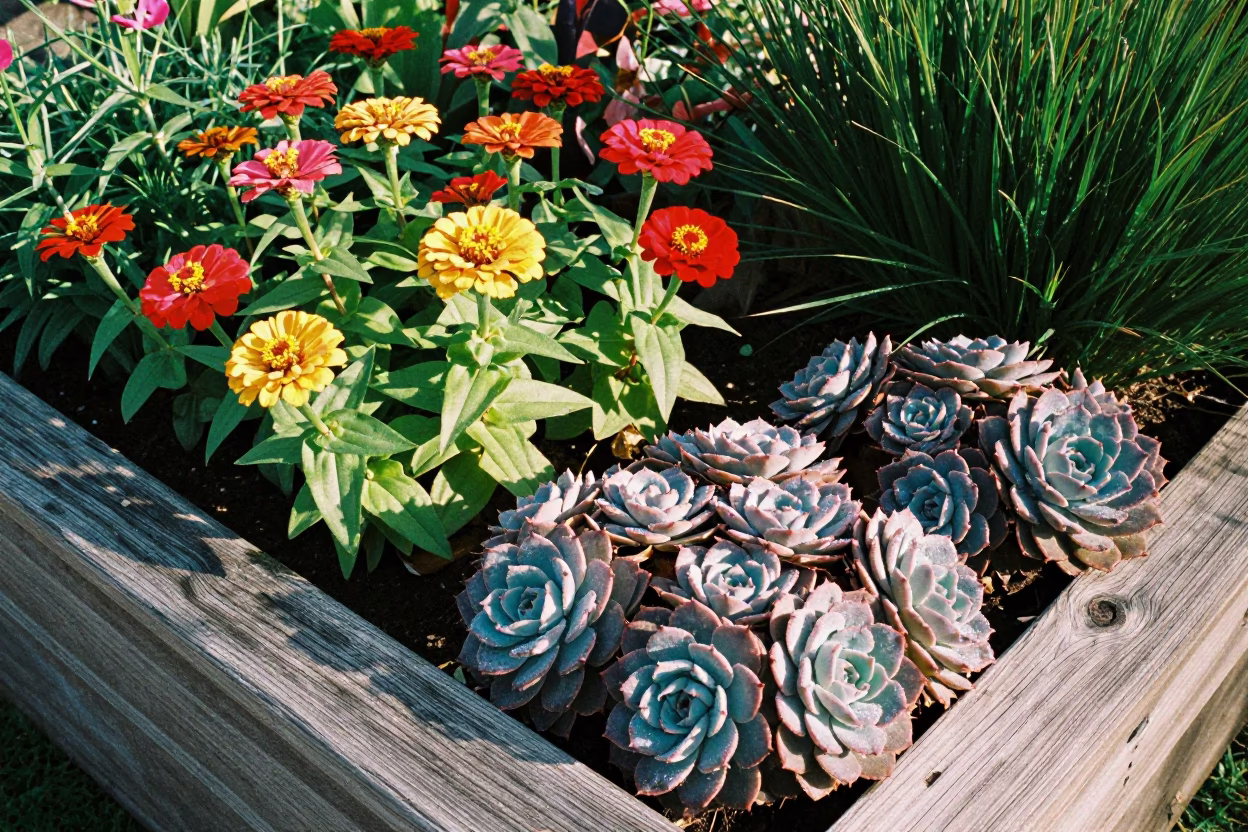 Colorful Zinnias and Echeveria Blooming in Hobart Tasmania Garden Beds Early Afternoon in in Hobart, Tasmania, Australia