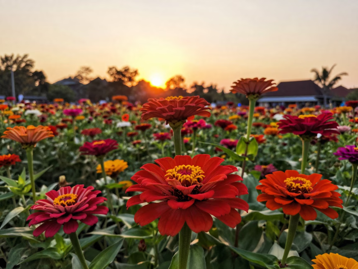 Colorful Zinnias Blooming in Denpasar Indonesia Garden During Honeyed Evening Light in in Denpasar, Indonesia