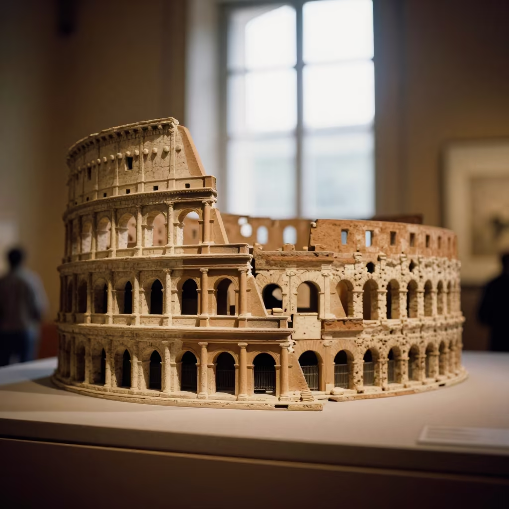 Colosseum Arch Model in Museum Sidelight in on a museum plinth in Rome