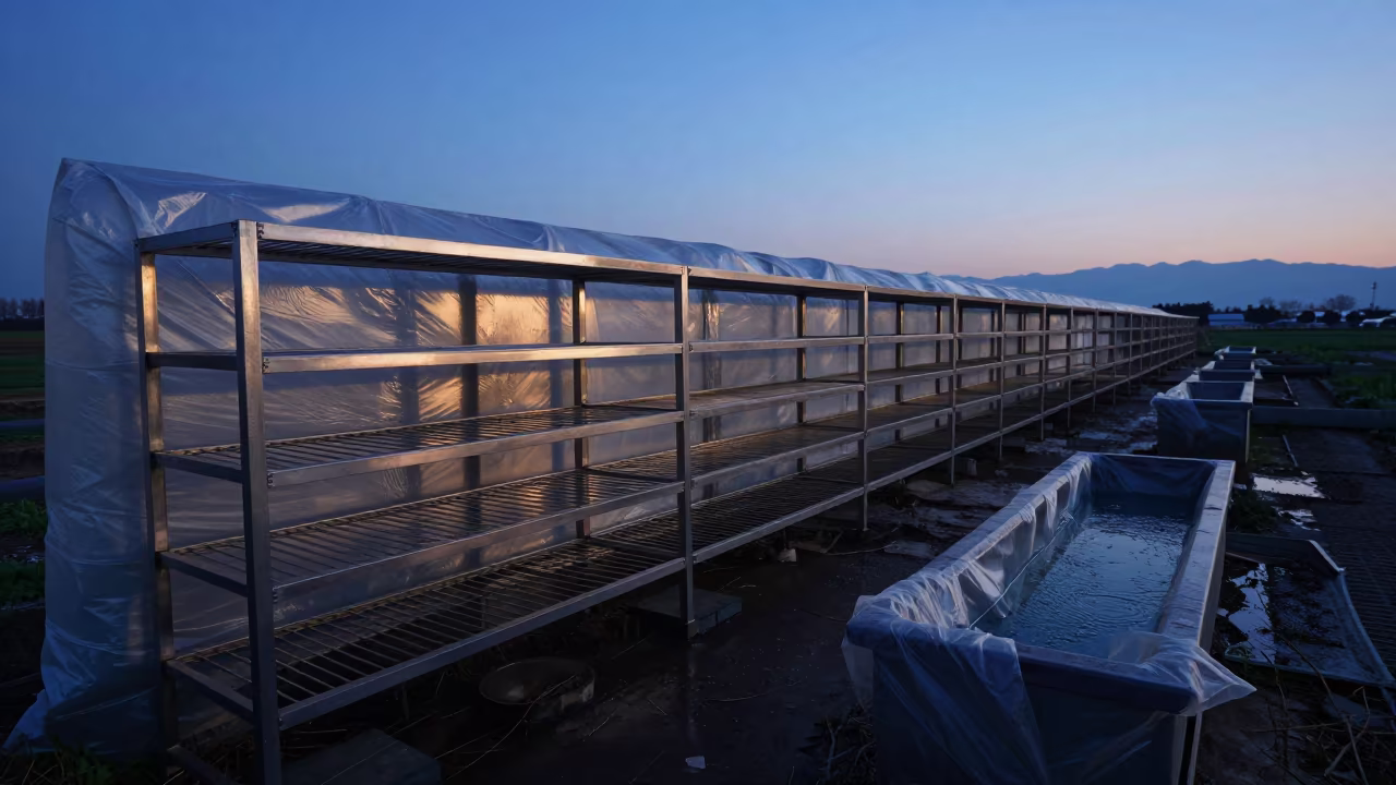 Colostrum Freezer Shelf After Washdown in near a windbreak and water trough in Japan