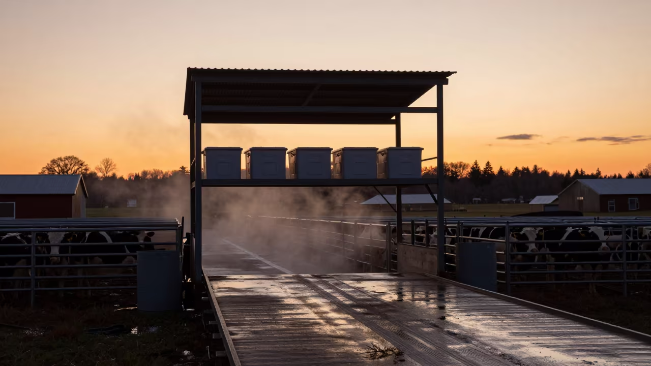 Colostrum Freezer Shelf Sunset at Quebec Stockyard in at a stockyard loading ramp in Quebec