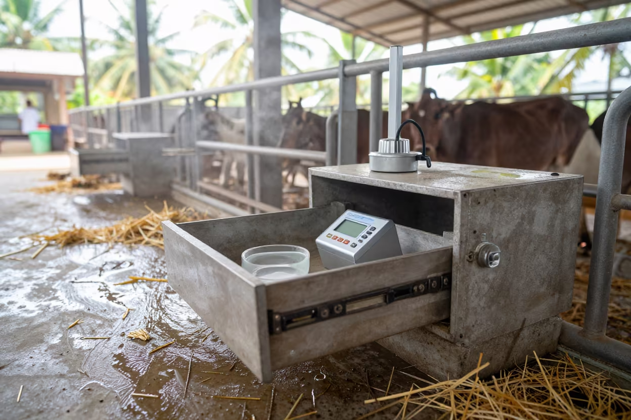 Colostrum Refractometer Drawer Feedlot Kerala in along a feedlot lane in Kerala
