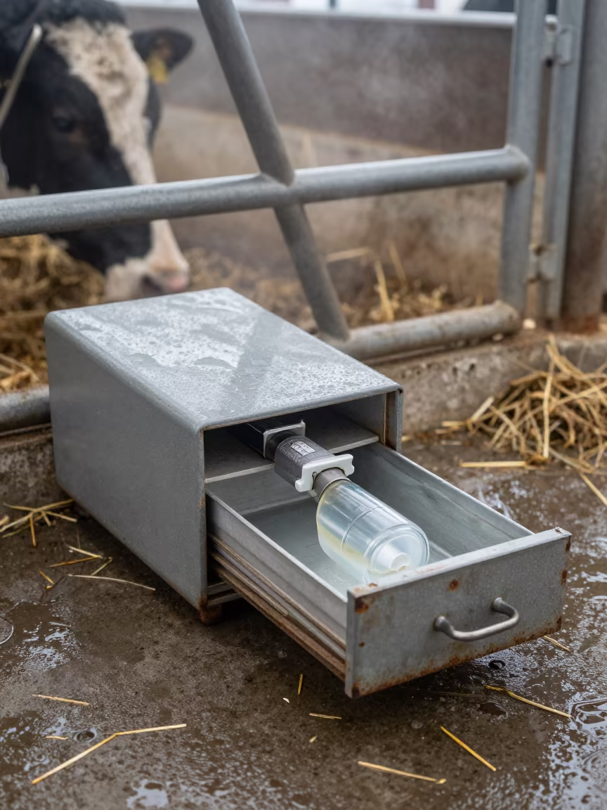 Colostrum Refractometer Drawer Winter Mist in inside a ranch corral in Virginia