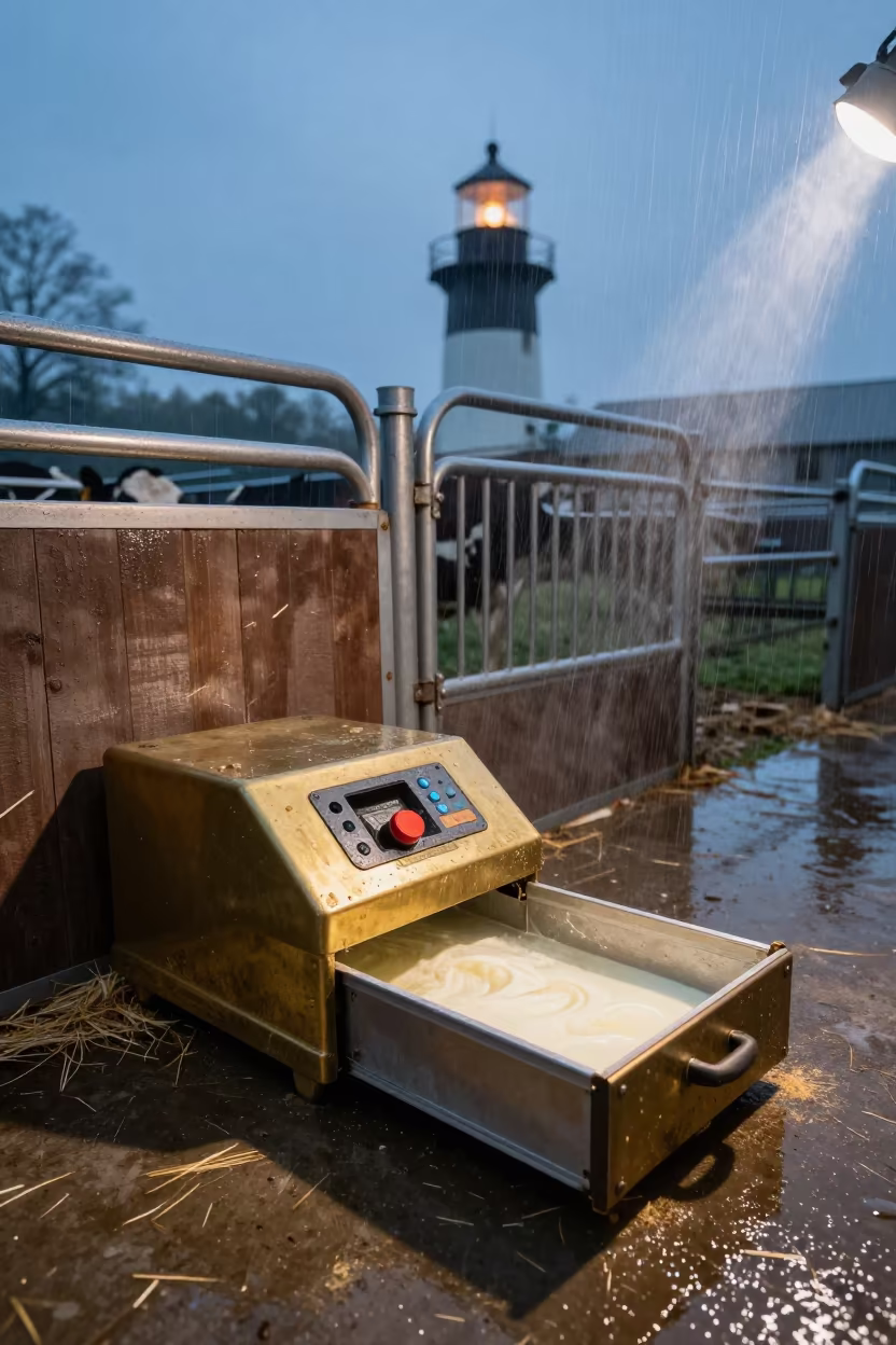 Colostrum Refractometer in Rain Before Dawn in inside a ranch corral in Delaware