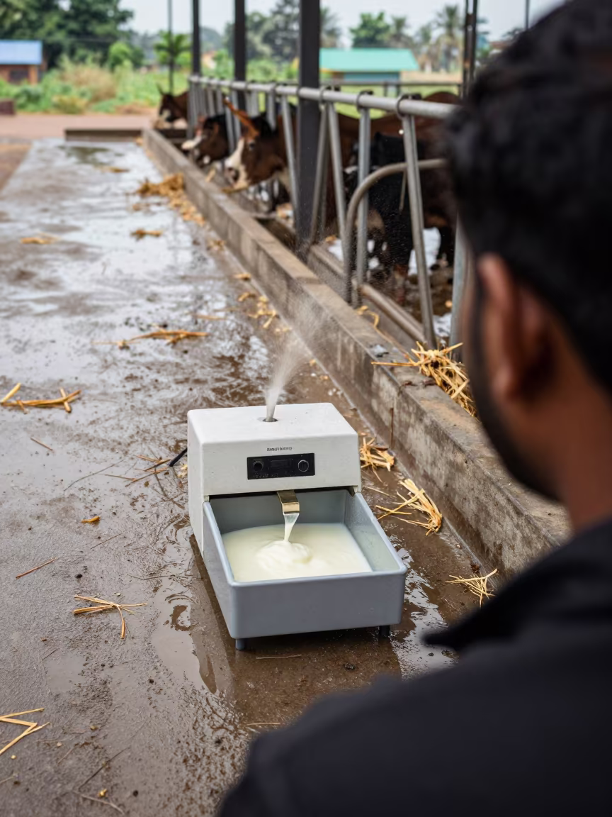 Colostrum Refractometer in Telangana Feedlot in along a feedlot lane in Telangana