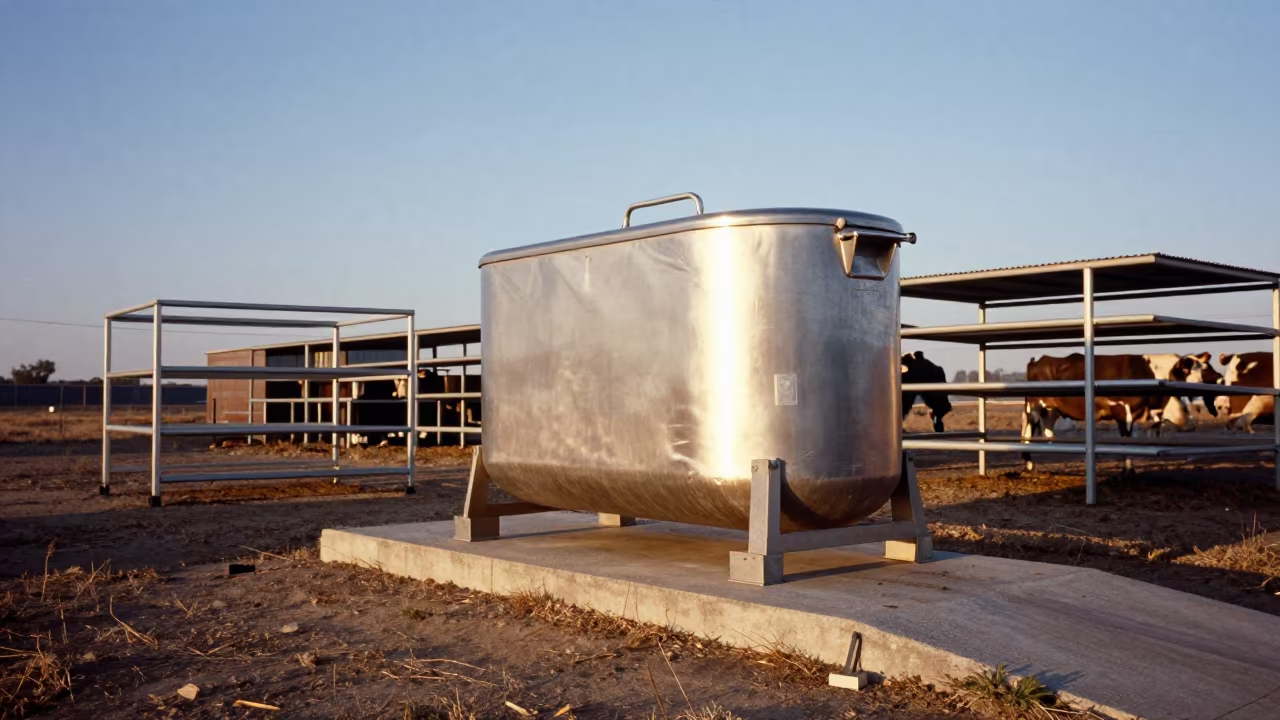 Colostrum Thaw Tub at French Stockyard Dawn in at a stockyard loading ramp in France