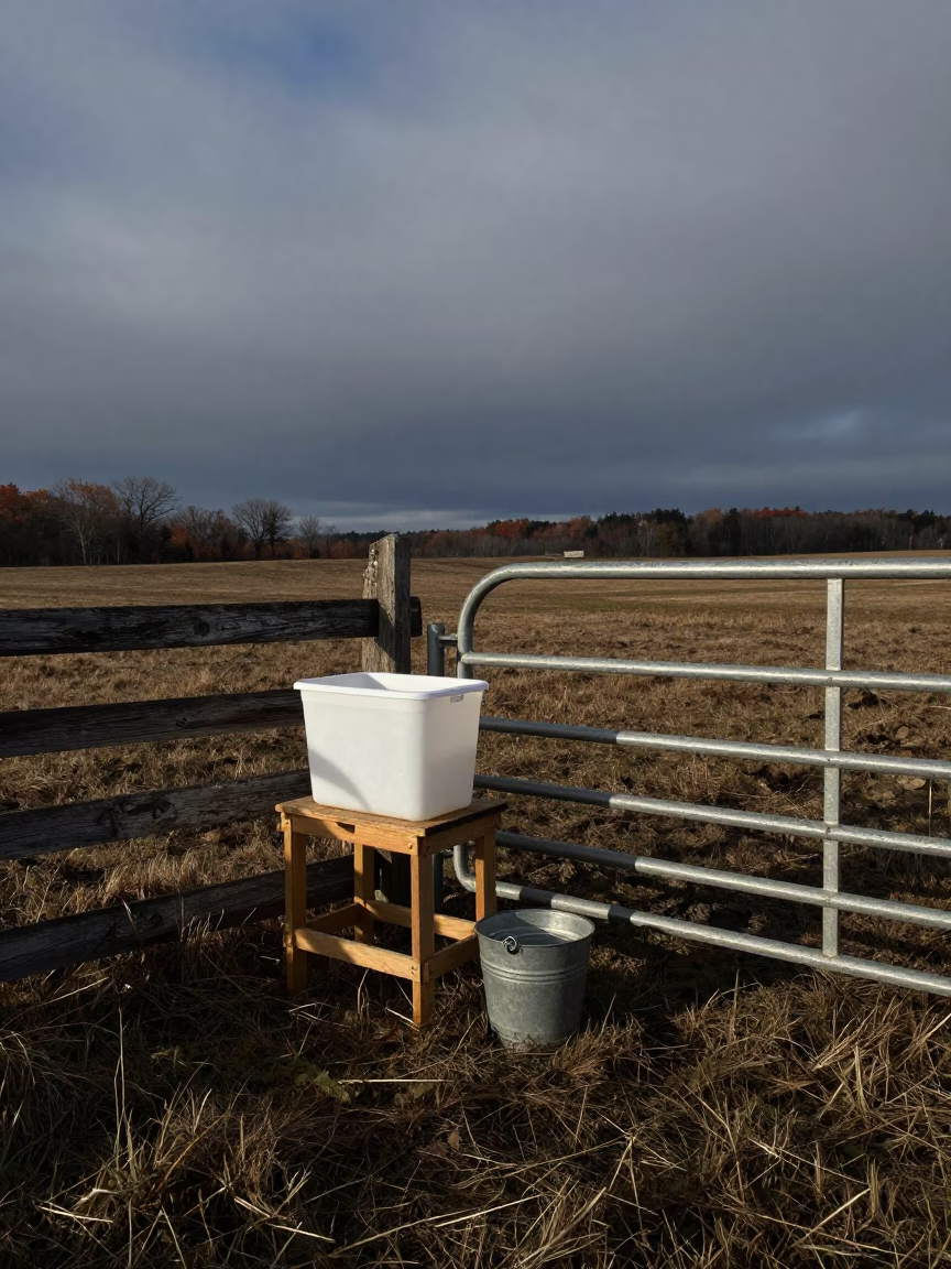 Colostrum Thaw Tub in Wisconsin Pasture Gate Shadow in beside a pasture gate in Wisconsin
