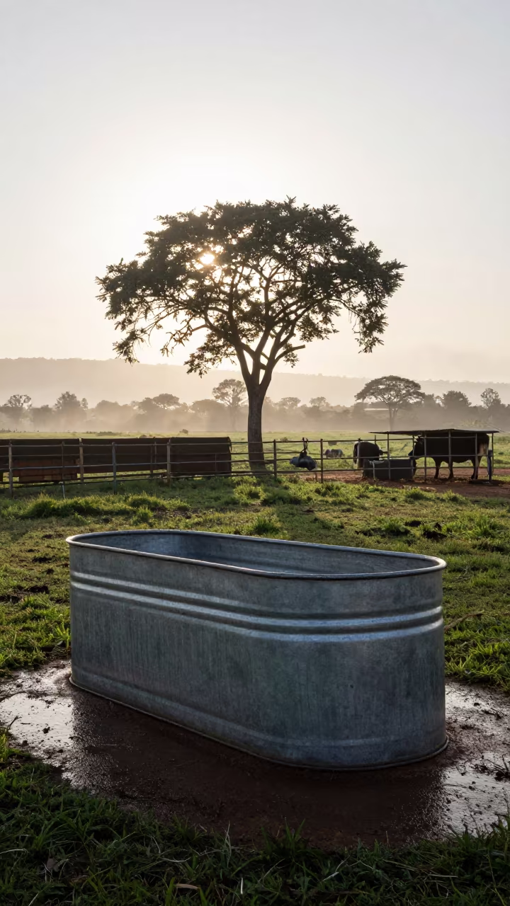 Colostrum Tub Silhouette at Dawn in Eswatini in near a windbreak and water trough in Eswatini