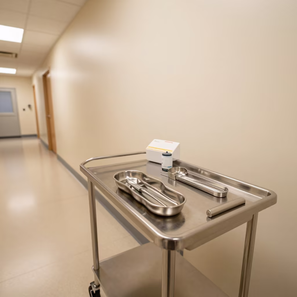 Colposcopy Swab Tray in Kansas City Therapy Corridor in along a therapy corridor with organized equipment in Kansas City