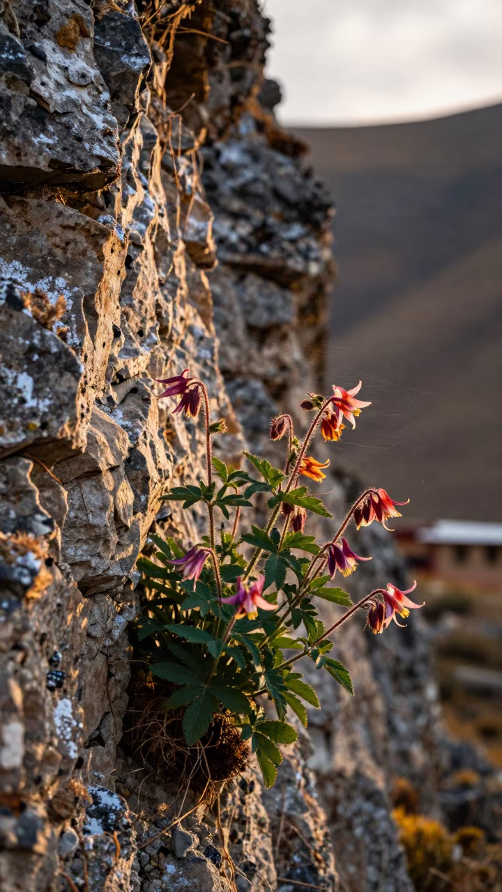 Columbine Flower on Lhasa Cliff Edge After Rain in along a salt-sprayed cliff edge near Sera, Lhasa