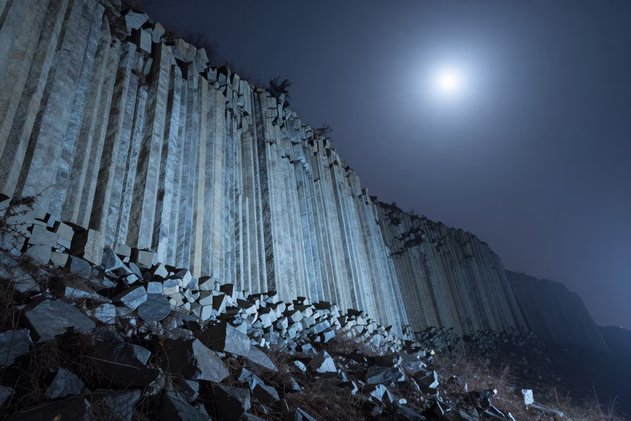 Columnar Basalt Cliffs in Misty Moonlight in near Bishkek