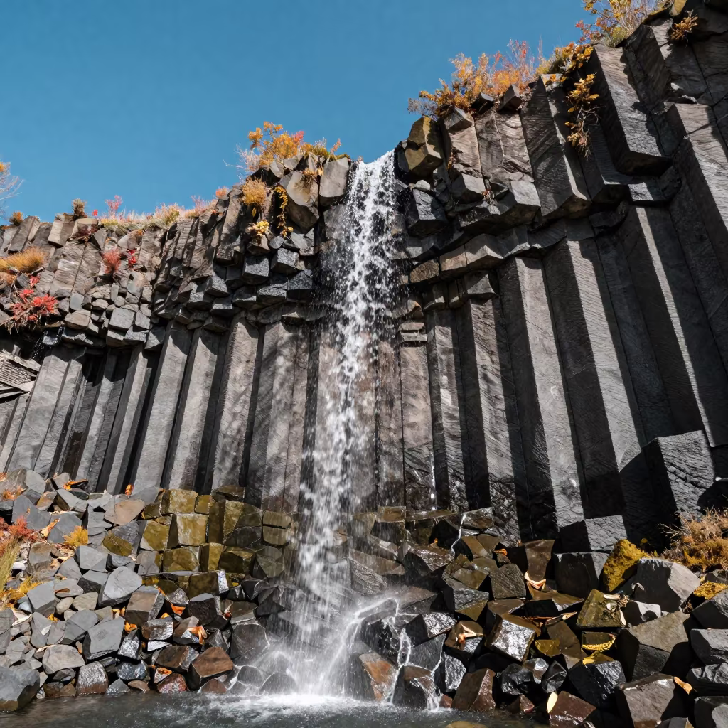 Columnar Basalt Tidal Waterfall Autumn Valley in across a wide valley floor near Quito