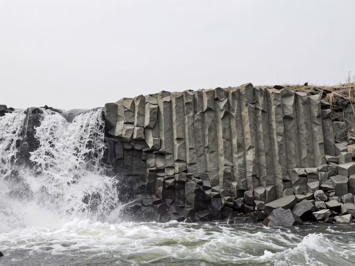 Columnar Basalt at Tidal Waterfall Shore in along a wave-cut shoreline in Uttarakhand