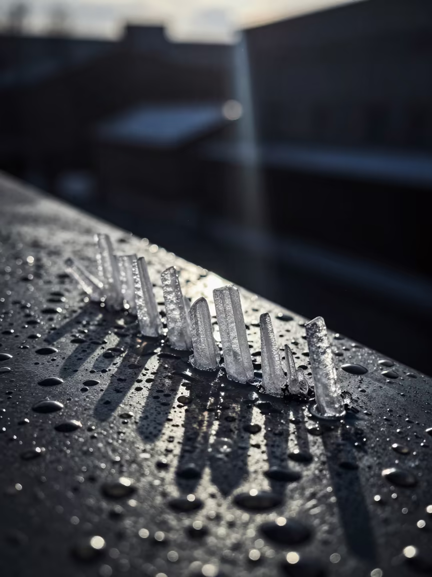 Columnar Ice Crystals on Rain-Beaded Metal in across a rain-beaded metal surface in Sapporo