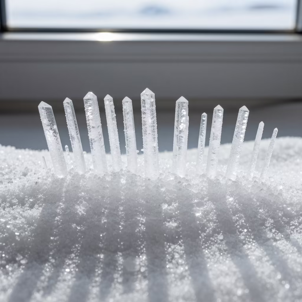 Columnar Ice Crystals on Salt Pan Rim in on salt crystals along a pan rim in Murmansk