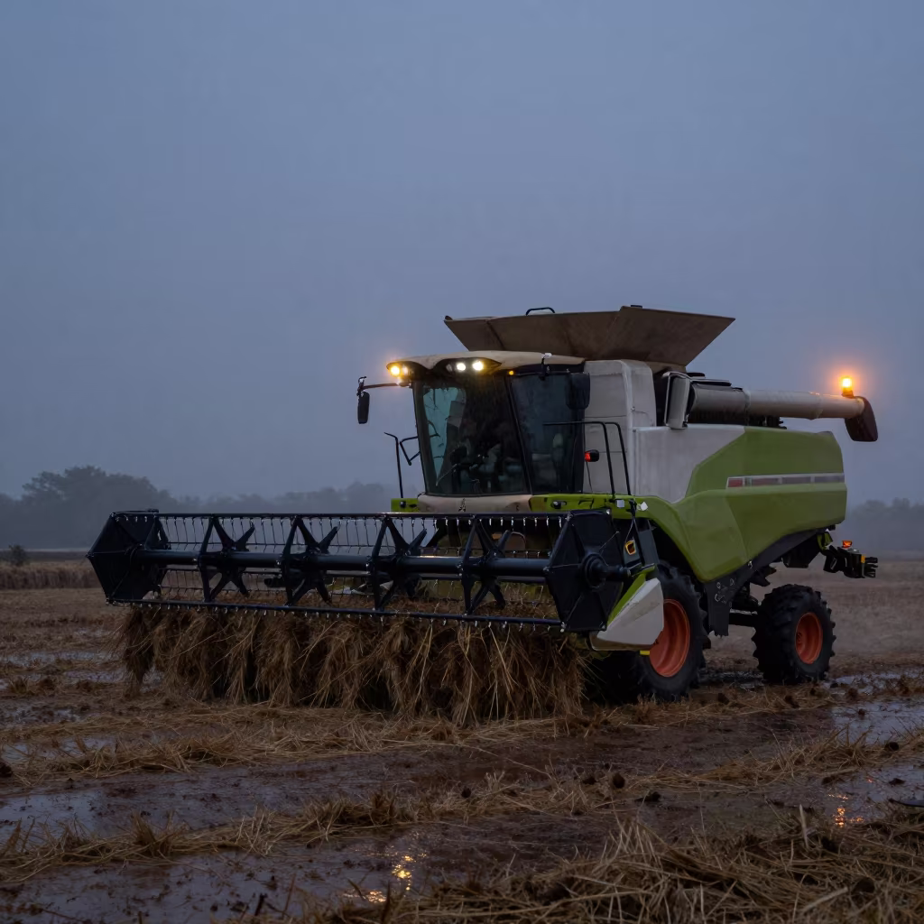 Combine Harvester Beacon Through Mist at Dusk in beside stacked hay bales in Huambo
