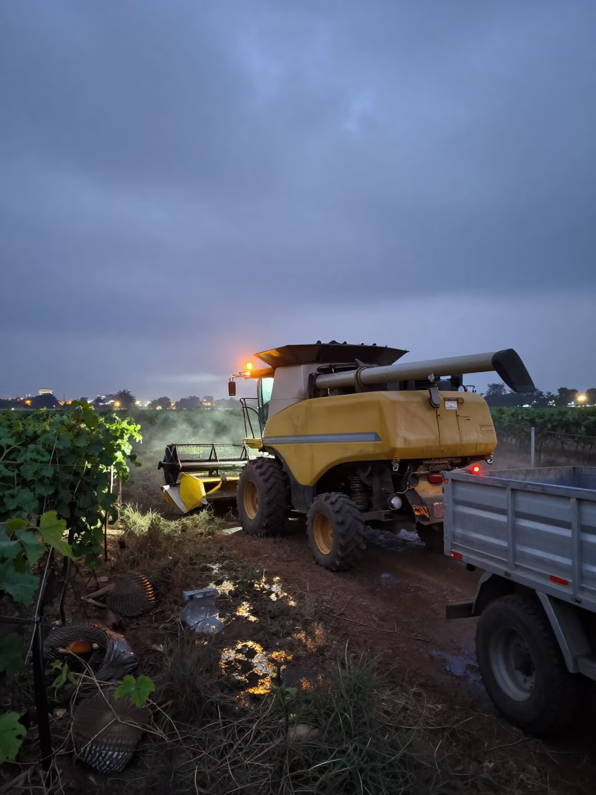 Combine Harvester Blinking Beside Vineyard in Mumbai in between vineyard trellises in Marine Drive, Mumbai