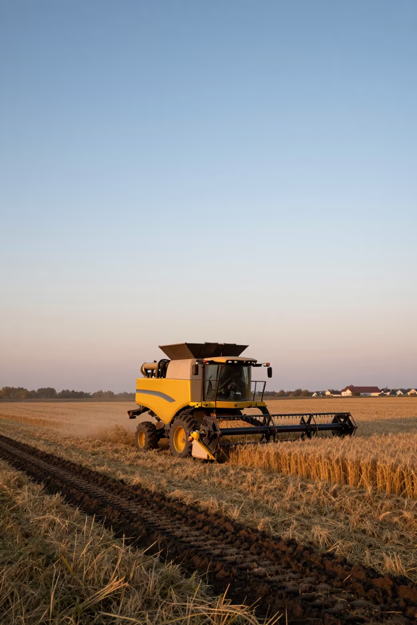 Combine Harvester Cuts Wheat Under Copper Sky in beside a tractor track through dark soil in United Kingdom
