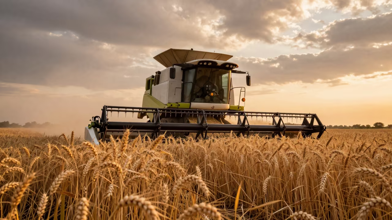 Combine Harvester Cutting Wheat in Evening Light in across a harvested grain field in Khairpur
