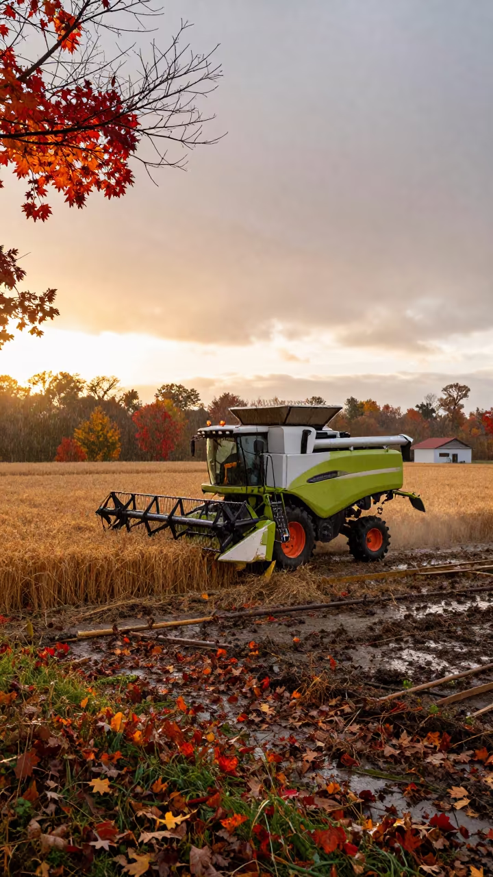 Combine Harvester Paused by Field Kitchen in Autumn Rain in at the edge of a tea plantation in Michigan
