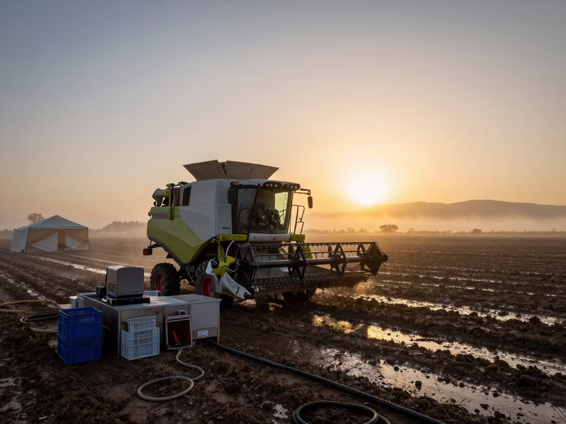 Combine Harvester Paused at Field Kitchen Sunset in along freshly irrigated rows in Heraklion