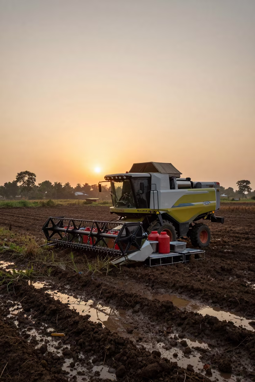 Combine Harvester Beside Field Kitchen at Sunset in beside a tractor track through dark soil in Andhra Pradesh